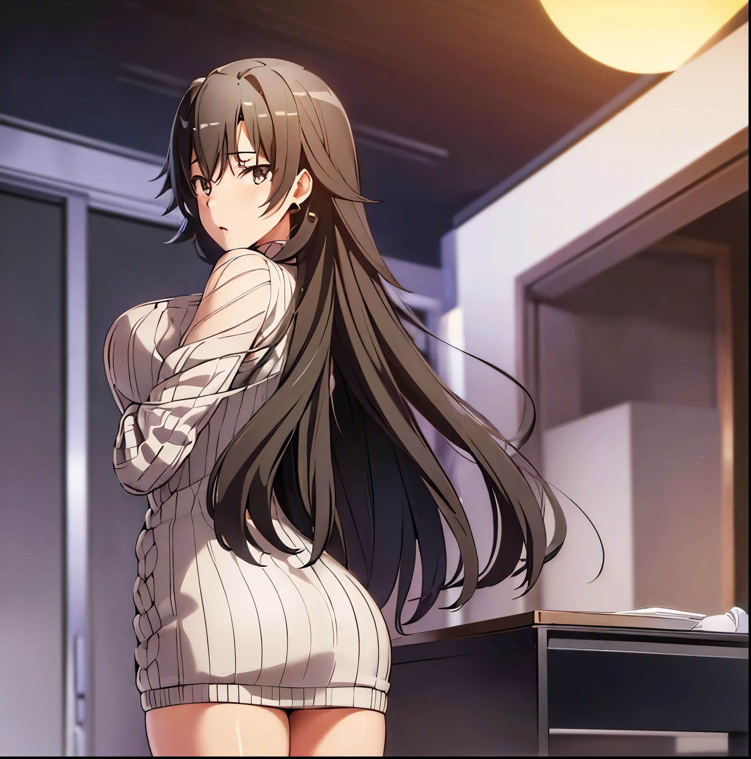 ((1 girl)),((alone)), Shizuka hiratzuka,((Extremely detailed CG unity 4k wallpaper)),(Masterpiece),(ultra quality),(Ultra detailed),(best illustration),( best shadow),(extremely detailed),(absurdities),(detailed background),curvy body,cowboy shot,looking at viewer,dynamic pose,depth of field,large breasts,narrow waist,wide hips,medium thighs,butt round, sweater, black hair, long hair, airy hair, mature, adult woman, blush, gray eyes, beautiful detailed eyes, light skin, soft skin, seductive look, hands on hips, ((black sweater dress: 1.3, sweater ribbed:1.2,bare arms,bare legs,black heels,nail polish)), ((single)), earrings,(( Standing:1.4,interior,japanese apartment,night,moon,window,cityscape,lights the city)),mouth closed, backlit,looking back,from behind, (( focus on ass),pov:(from below),perfect anatomy,perfect hands