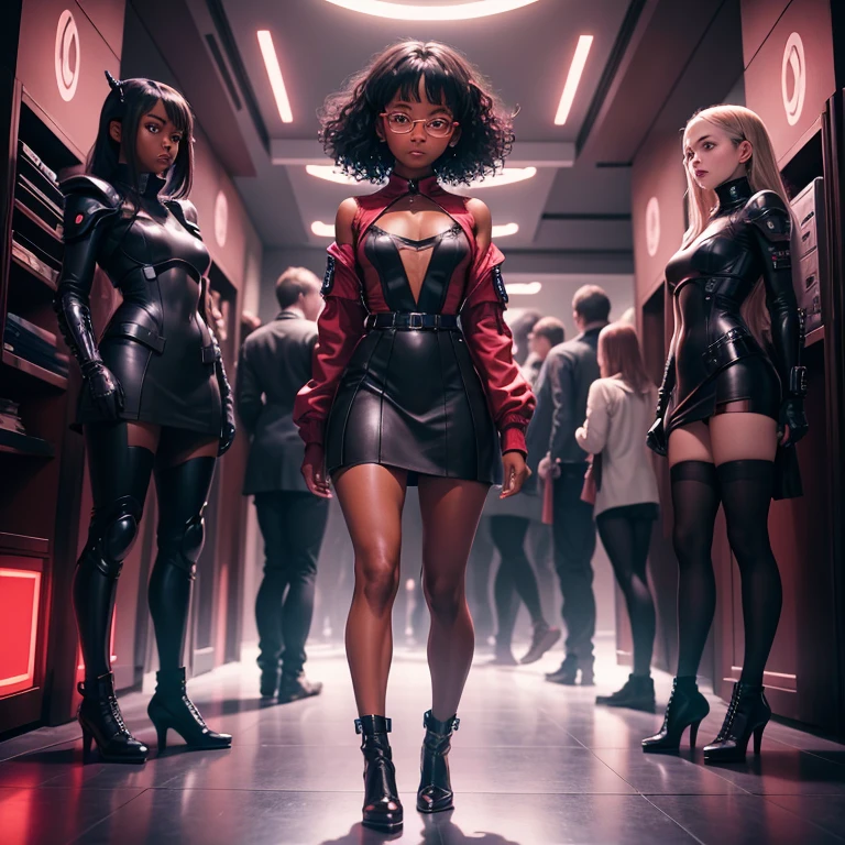 (masterpiece), (best quality), (high res) Solo, (perfect anatomy), (young girl (), ((((dark skin)))), curly purple hair (shoulder length), red eyes, round eyeglasses, (skin tight long sleeved dress), (red high heels boots), (shirt), (super tight skirt), angry, (((flat chest))), in a futuristic setting with a red light, cyberpunk, cyber suit, best anime 4k, cybersuits, in a backstage