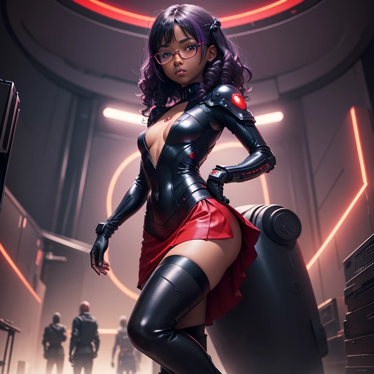 (masterpiece), (best quality), (high res) Solo, (perfect anatomy), (young girl (), ((((dark skin)))), curly purple hair (shoulder length), red eyes, round eyeglasses, (skin tight long sleeved dress), (red high heels boots), (shirt), (super tight skirt), angry, (((flat chest))), in a futuristic setting with a red light, cyberpunk, cyber suit, best anime 4k, cybersuits, in a backstage