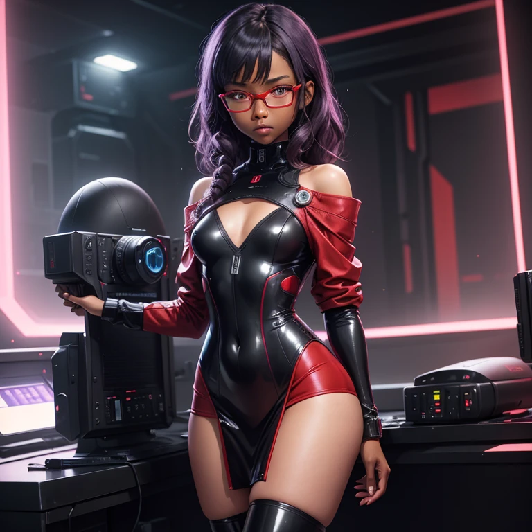 (masterpiece), (best quality), (high res) Solo, (perfect anatomy), (young girl (), ((((dark skin)))), curly purple hair (shoulder length), red eyes, round eyeglasses, (skin tight long sleeved dress), (red high heels boots), (shirt), (super tight skirt), angry, (((flat chest))), in a futuristic setting with a red light, cyberpunk, cyber suit, best anime 4k, cybersuits, in a backstage