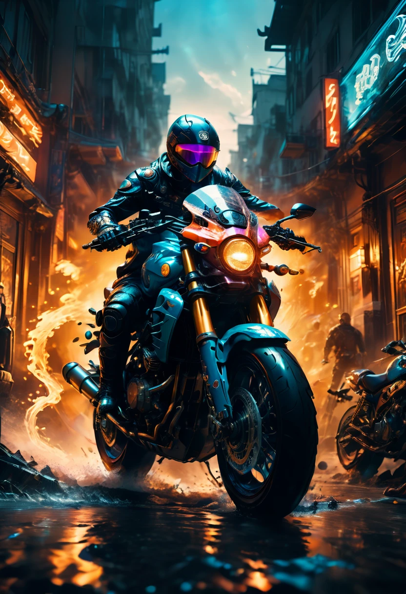 Motorcycle, rider, full body, by Emmanuel Shiu, comic style, dramatic composition, cinematic dynamic action scene, vibrant colors, cinematic lighting, dramatic lighting, best quality, masterpiece, very aesthetic, perfect composition, intricate details, ultra-detailed