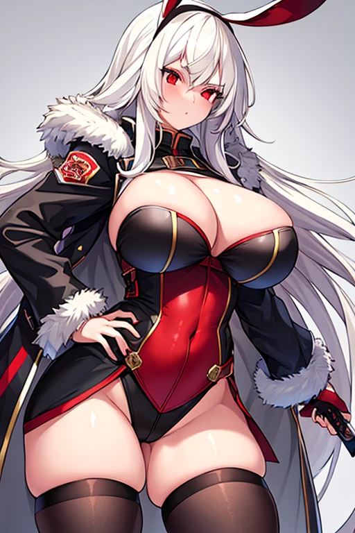 1girl, white hair, long hair, red eyes, serious, glowing eyes, large breasts, thick thighs, mature female, toned, leotard, black leotard, thighhighs, belt, knife, fur trim, fur, jacket, pantyhose