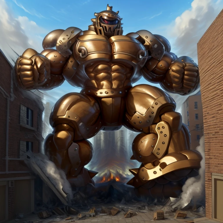 SOLO (masterpiece. official art. 8k. best quality. detailed full body. full body.)

(situation 1 : dominating Armored Flazzard. Armored Flazzard is over 1000 meters long. focus GIANT mechanical Muscular Armored Flazzard is trampling the city. Looking down. macro. stomp. Low-angle perspective. emphasizing the immense size.)

(situation 2 :smoke and flames rising from the destruction in the city)

(Additional details 1: real texture material. whole body shines like metal. emphasizes the muscles. suit fully made of metal.).

(Additional details 2: Detailed head. Detailed Body. Detailed abs. gigantic muscles. HYPER MUSCLES. Gigachad Muscular. big muscle. pecs. triceps. traps. unusually developed muscular body. body full of huge muscles. showing off muscles. pectorales enormes. Exaggeratedly huge muscles. huge muscles. long legs.).
his back he wears a golden cloak.