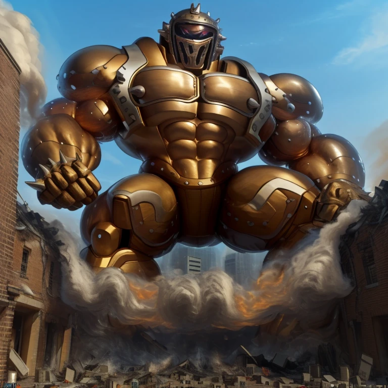 SOLO (masterpiece. official art. 8k. best quality. detailed full body. full body.)
(situation 1 : dominating Armored Flazzard. Armored Flazzard is over 1000 meters long. focus GIANT mechanical Muscular Armored Flazzard is trampling the city. Looking down. macro. stomp. Low-angle perspective. emphasizing the immense size.)
(situation 2 :smoke and flames rising from the destruction in the city)
(Additional details 1: real texture material. whole body shines like metal. emphasizes the muscles. suit fully made of metal.).
(Additional details 2: Detailed head. Detailed Body. Detailed abs. gigantic muscles. HYPER MUSCLES. Gigachad Muscular. big muscle. pecs. triceps. traps. unusually developed muscular body. body full of huge muscles. showing off muscles. pectorales enormes. Exaggeratedly huge muscles. huge muscles. long legs.).
his back he wears a golden cloak.