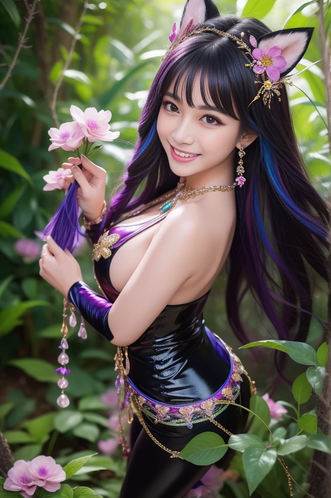 sexy Thai model who controls poison、beautiful smile、lipgloss、intense makeup、look at the camera、full body Esbian、、sparkling poisoned flower costume、、、、shiny sparkling multicolor hair、secrete poison、skull hair accessories、detailed tights、shiny sparkling dark magic forest background