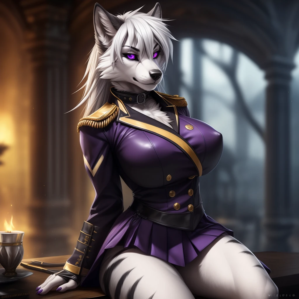 uploaded on e621, (by Wildering, by Koul, by fluff-kevlar, by aycee), solo, female wolf, wolf ears, neck tuft, hip tuft, leg tuft, wolf tail, ((black sclera, purple eyes)), ((french napeolon uniform)), ((painted portrait)), (masterpiece), (best quality), (anthro furry:1.3, snout:1.2, anthro:1.3, furry:1.2, solo female:1.2), (hourglass figure), (wide hips), (thick thighs), ((huge breasts)), (suggestive pose), (((black stripes on body, grey fur))) BREAK ((white hair)), (napoleonic war background, depth of field, ambient light on the body), (intricate:0.7), (high detail:1.3), (unreal engine:1.3), (sharp focus:1.15), (masterpiece, best quality, 4k, 2k, shaded, absurd res), ((leather collar)), ((scowl))