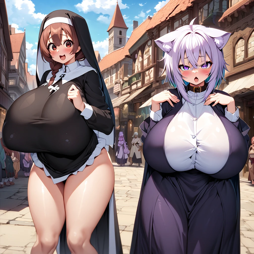 inugami korone,nekomata okayu,2girl,Females in heat,blush,open mouth,nun costumes,collar,gigantic huge breasts,looking at viewer,upturned eyes,near,standing up,Lined up,Otherworldly town,SFW