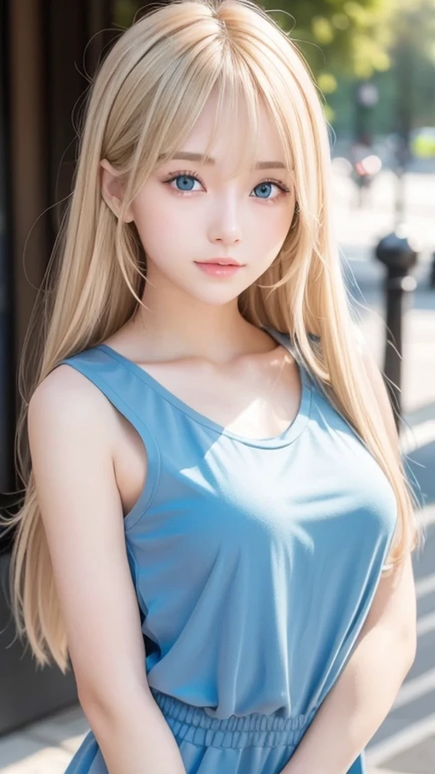 Super long straight silky blonde hair、Bangs hanging over the eyes、bangs on the face、A woman with beautiful, bright, large blue eyes is taking a photo, gorgeous young beautiful model, Portrait of Sophie Mudd, Beautiful female model, cute young beautiful girl, Portrait of a beautiful model, Beautiful Woman Photos, Perfect Face, 16 year old beautiful girl model, Beautiful young face, Blonde beautiful girl、Small Face Beauty、Round face、Tshirt、Ample Bust