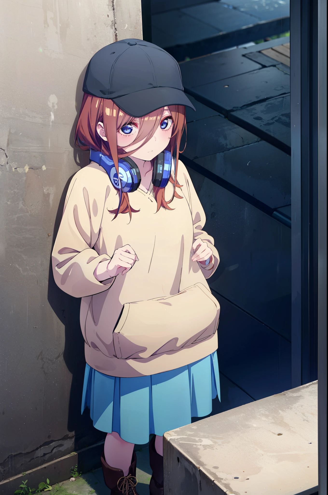 miku nakano, Nakano Miku Ticket III, Long Hair, bangs, blue eyes, Brown Hair, Hair between the eyes,Baseball hats,Headphones around neck,Oversized blue hoodie,Long skirt,short boots,rain,Hiding in a roofed building,Standing leaning against the wall,whole bodyがイラストに入るように,
break outdoors, Building district,
break looking at viewer, whole body,
break (masterpiece:1.2), Highest quality, High resolution, unity 8k wallpaper, (figure:0.8), (Beautiful attention to detail:1.6), Highly detailed face, Perfect lighting, Highly detailed CG, (Perfect hands, Perfect Anatomy),