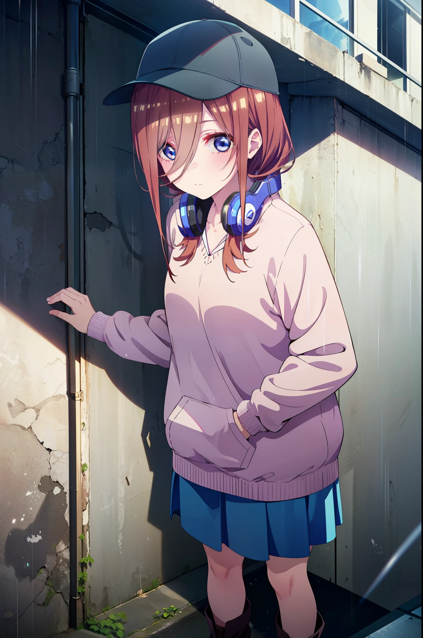miku nakano, Nakano Miku Ticket III, Long Hair, bangs, blue eyes, Brown Hair, Hair between the eyes,Baseball hats,Headphones around neck,Oversized blue hoodie,Long skirt,short boots,rain,Hiding in a roofed building,Standing leaning against the wall,whole bodyがイラストに入るように,
break outdoors, Building district,
break looking at viewer, whole body,
break (masterpiece:1.2), Highest quality, High resolution, unity 8k wallpaper, (figure:0.8), (Beautiful attention to detail:1.6), Highly detailed face, Perfect lighting, Highly detailed CG, (Perfect hands, Perfect Anatomy),
