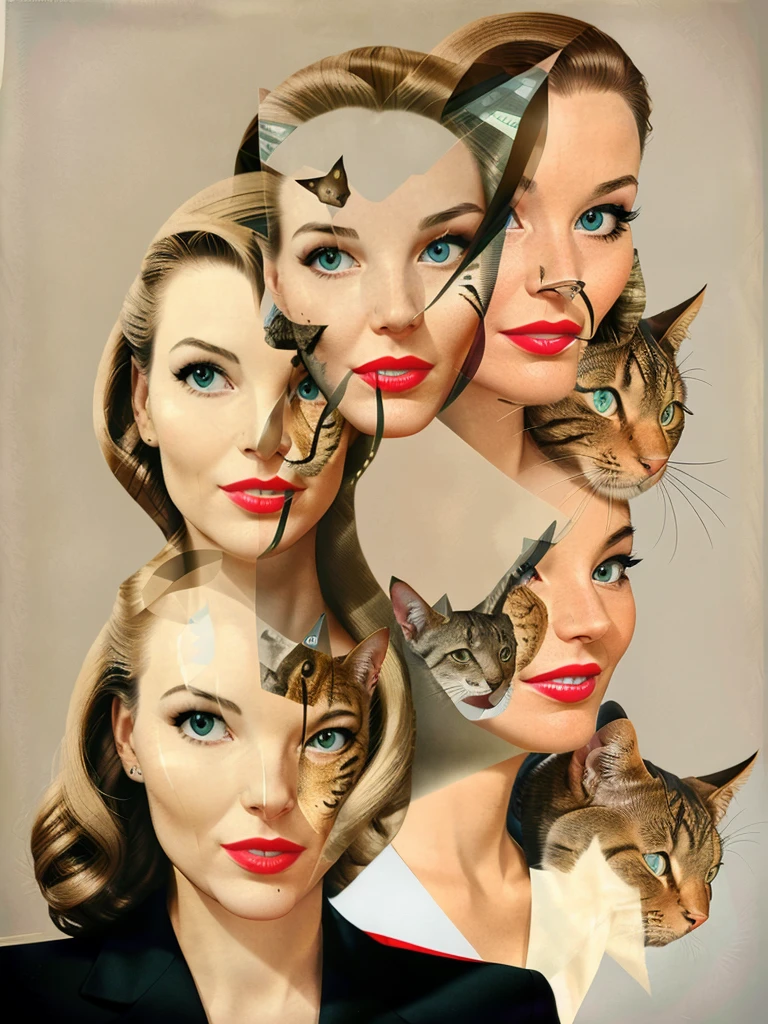 a collage of a woman's face with a katze  in the background