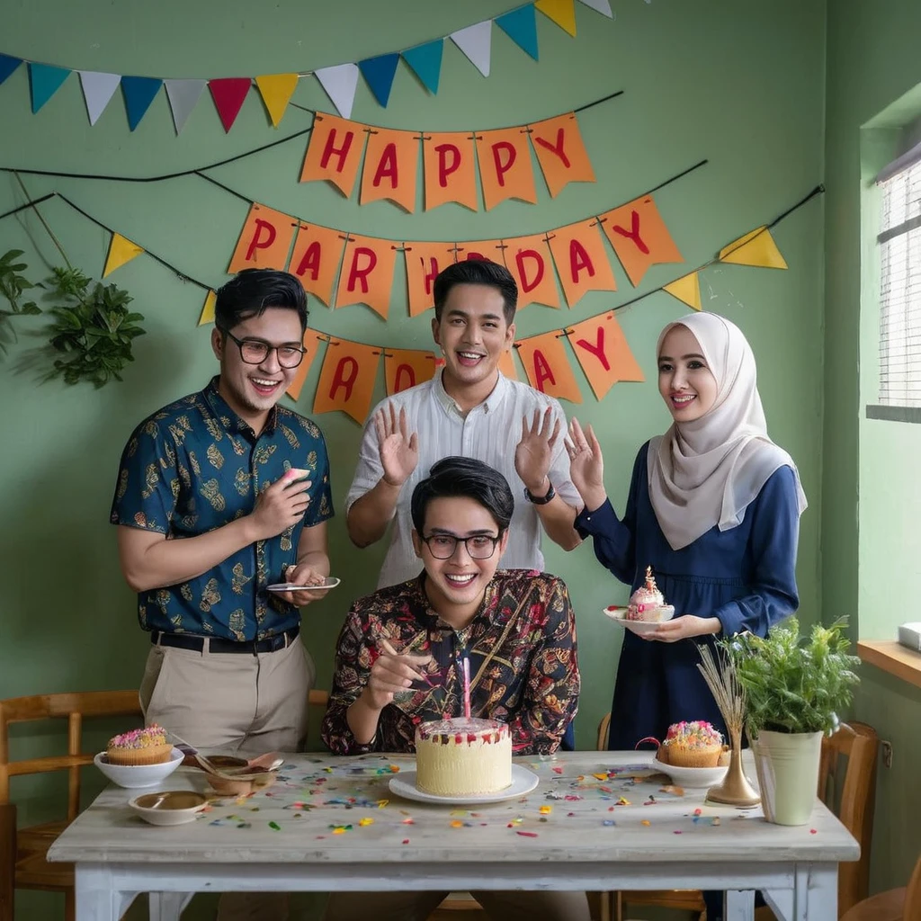 4 Indonesians are celebrating birthdays, 2 handsome men and 1 beautiful woman wearing a hijab with a slightly fat body standing in a standing position, There was 1 man sitting in a chair facing the birthday cake on the table, The wall of the room says Team Riot(Indonesian), their faces smile, full HD, 4k
