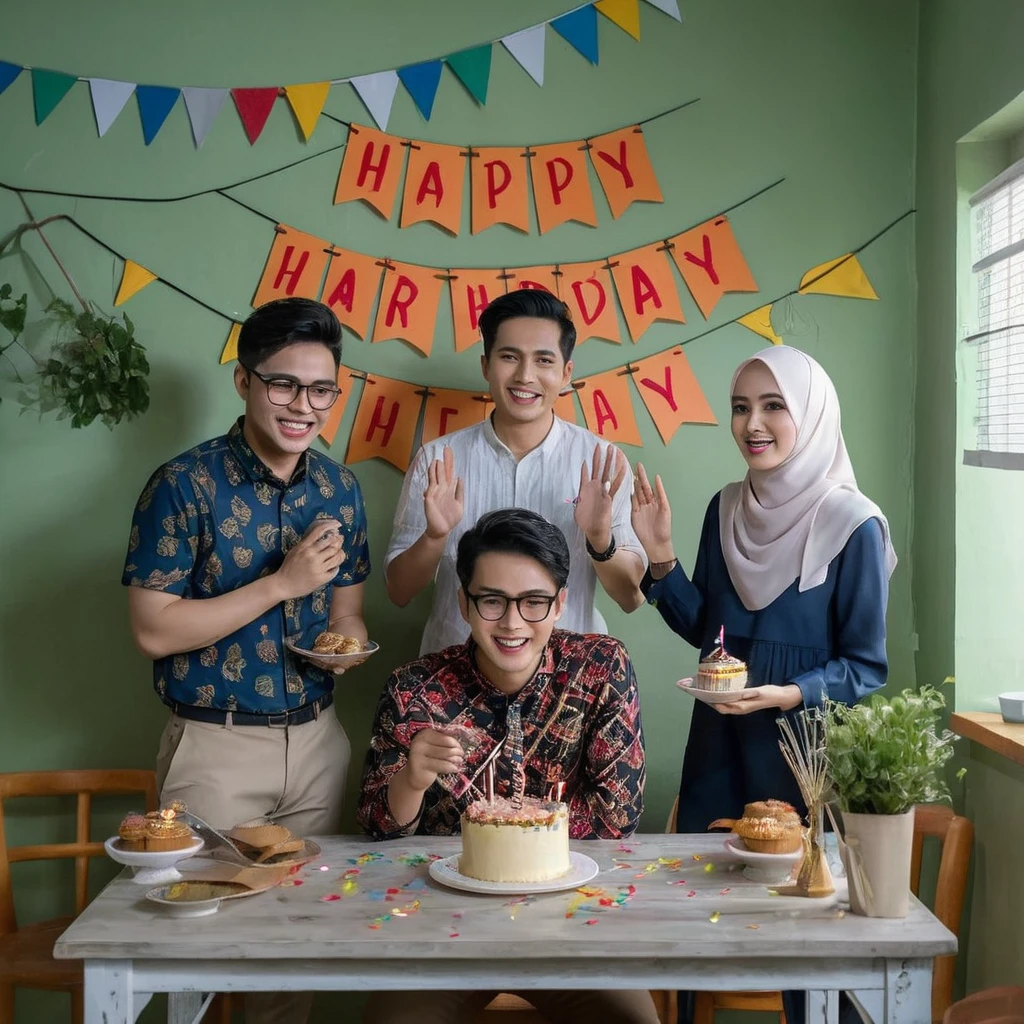4 Indonesians are celebrating birthdays, 2 handsome men and 1 beautiful woman wearing a hijab with a slightly fat body standing in a standing position, There was 1 man sitting in a chair facing the birthday cake on the table, The wall of the room says Team Riot(Indonesian), their faces smile, full HD, 4k