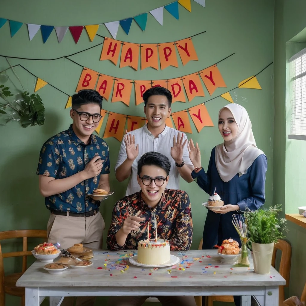 4 Indonesians are celebrating birthdays, 2 handsome men and 1 beautiful woman wearing a hijab with a slightly fat body standing in a standing position, There was 1 man sitting in a chair facing the birthday cake on the table, The wall of the room says Team Riot(Indonesian), their faces smile, full HD, 4k