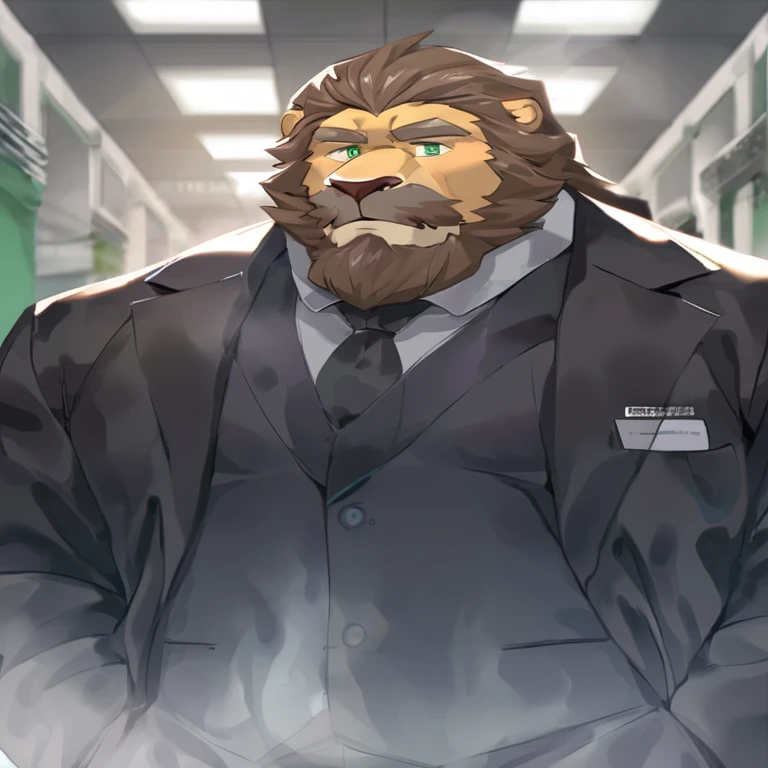 lion,personification,Mature male,Strong Man,Thick beard,Cold expression,Green pupils,Brown eyebrows,Black suit suit,Hands in pockets,The Age of Steam,Hospital Office。