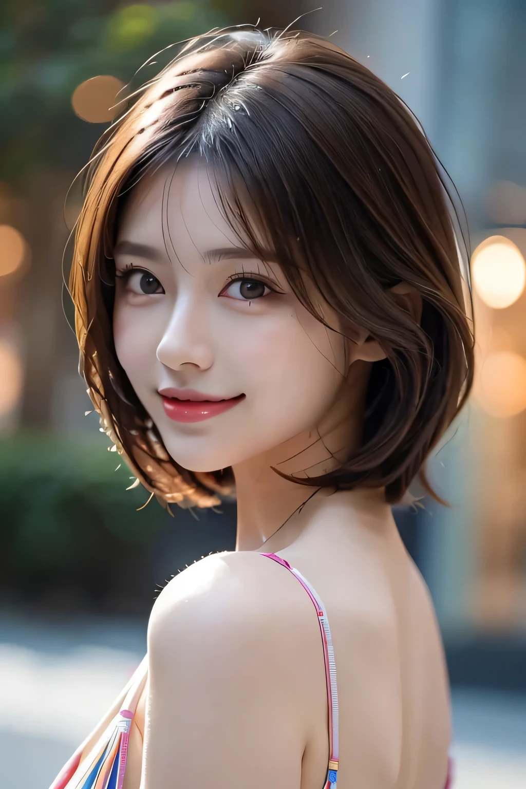 (8k, RAW Photos, highest quality, masterpiece, Realistic, Realistic), (1 female), (Ultimate beauty), Highly detailed face, (Perfect Teeth), Beautiful Eyes, double eyelid, eyelash, smile, Lip details, (Neat brunette bob), The light shines on your face, Big Breasts, ((Colorful mini dresses)), (Front view), (background: none), backgroundぼかし