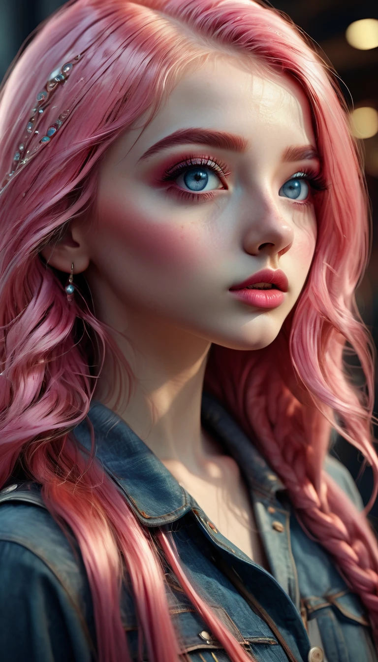 a girl with long pink hair, beautiful detailed eyes, beautiful detailed lips, extremely detailed face and eyes, long eyelashes, cinematic modern side-swept blush lighting, ray tracing, parallel shadow, wide shot, high detail, textured skin, 4k best quality, photorealistic, vivid colors, masterpiece, digital art