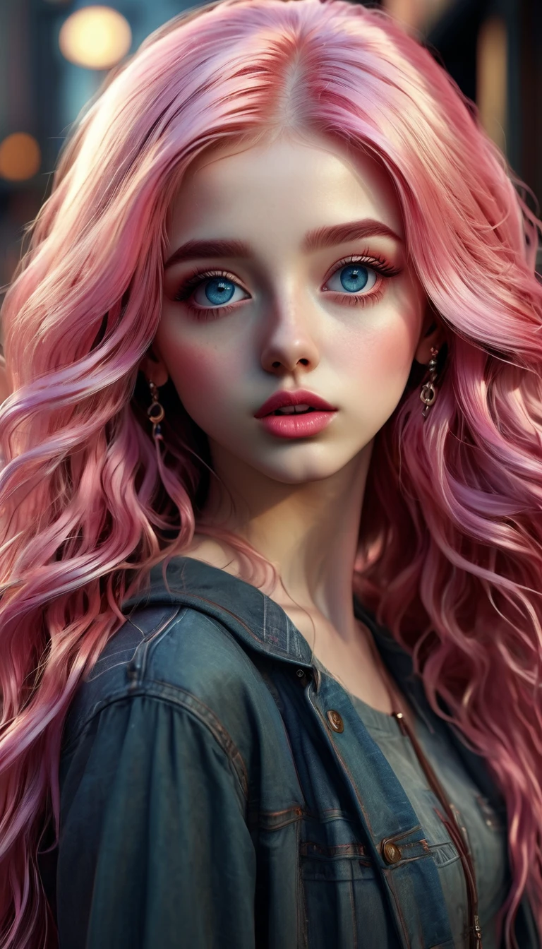 a girl with long pink hair, beautiful detailed eyes, beautiful detailed lips, extremely detailed face and eyes, long eyelashes, cinematic modern side-swept blush lighting, ray tracing, parallel shadow, wide shot, high detail, textured skin, 4k best quality, photorealistic, vivid colors, masterpiece, digital art
