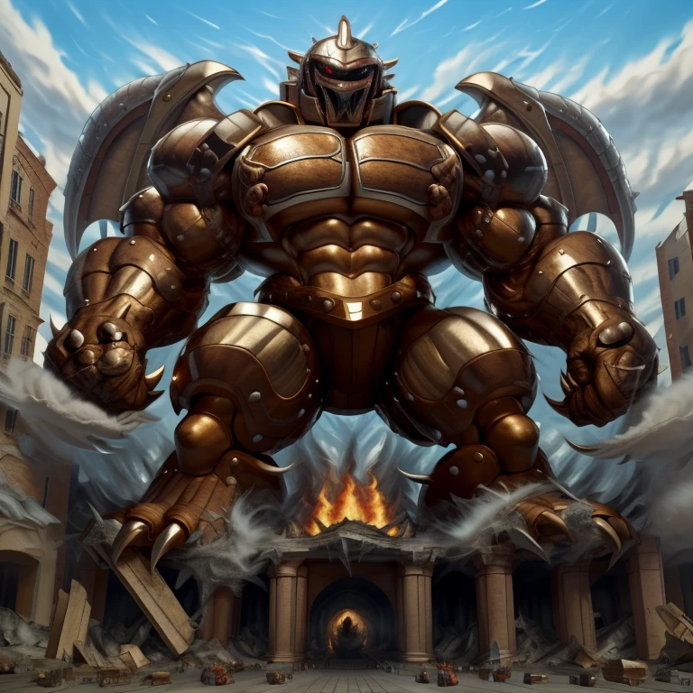 SOLO (masterpiece. official art. 8k. best quality. detailed full body. full body.)
(situation 1 : dominating Armored Flazzard. Armored Flazzard is over 1000 meters long. focus GIANT mechanical Muscular Armored Flazzard is trampling the city. Looking down. macro. stomp. Low-angle perspective. emphasizing the immense size.)
(situation 2 :smoke and flames rising from the destruction in the city)
(Additional details 1: real texture material. whole body shines like metal. emphasizes the muscles. suit fully made of metal.).
(Additional details 2: Detailed head. Detailed Body. Detailed abs. gigantic muscles. HYPER MUSCLES. Gigachad Muscular. big muscle. pecs. triceps. traps. unusually developed muscular body. body full of huge muscles. showing off muscles. pectorales enormes. Exaggeratedly huge muscles. huge muscles. long legs.).
(Additional details 3: Spread wings. It has wings. have big wings. The claws are sharp. Sharp teeth.).