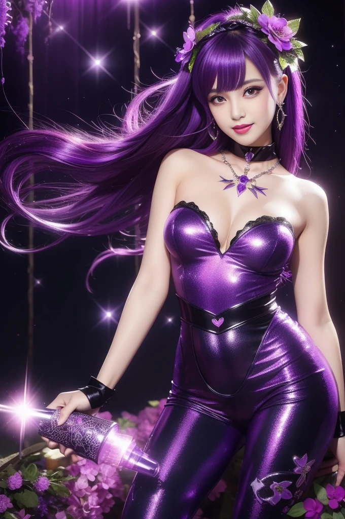 sexy stylish woman who controls poison、beautiful smile、lipgloss、intense makeup、look at the camera、full body Esbian、、sparkling poisoned flower costume (purple)、、、、shiny sparkling multicolor hair、secrete poison、skull hair accessories schnet tights (purple)、shiny sparkling dark magic forest background