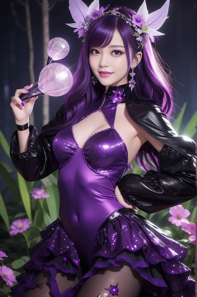 sexy stylish woman who controls poison、beautiful smile、lipgloss、intense makeup、look at the camera、full body Esbian、、sparkling poisoned flower costume (purple)、、、、shiny sparkling multicolor hair、secrete poison、skull hair accessories schnet tights (purple)、shiny sparkling dark magic forest background