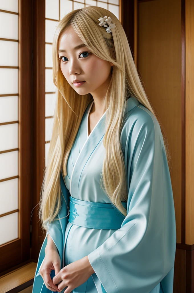 Long hair blonde Japanese girl, pastel blue kimono, blue eyes, White skin, in a traditional japanese room