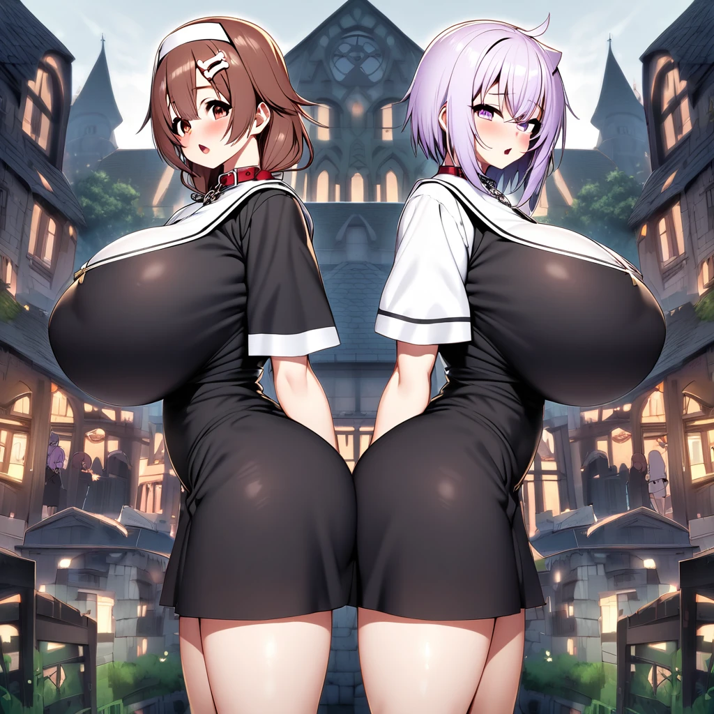 inugami korone,nekomata okayu,2girl,Females in heat,blush,open mouth,nun costumes,collar,gigantic huge breasts,looking at viewer,upturned eyes,near,standing up,Lined up,Otherworldly town back ground,SFW