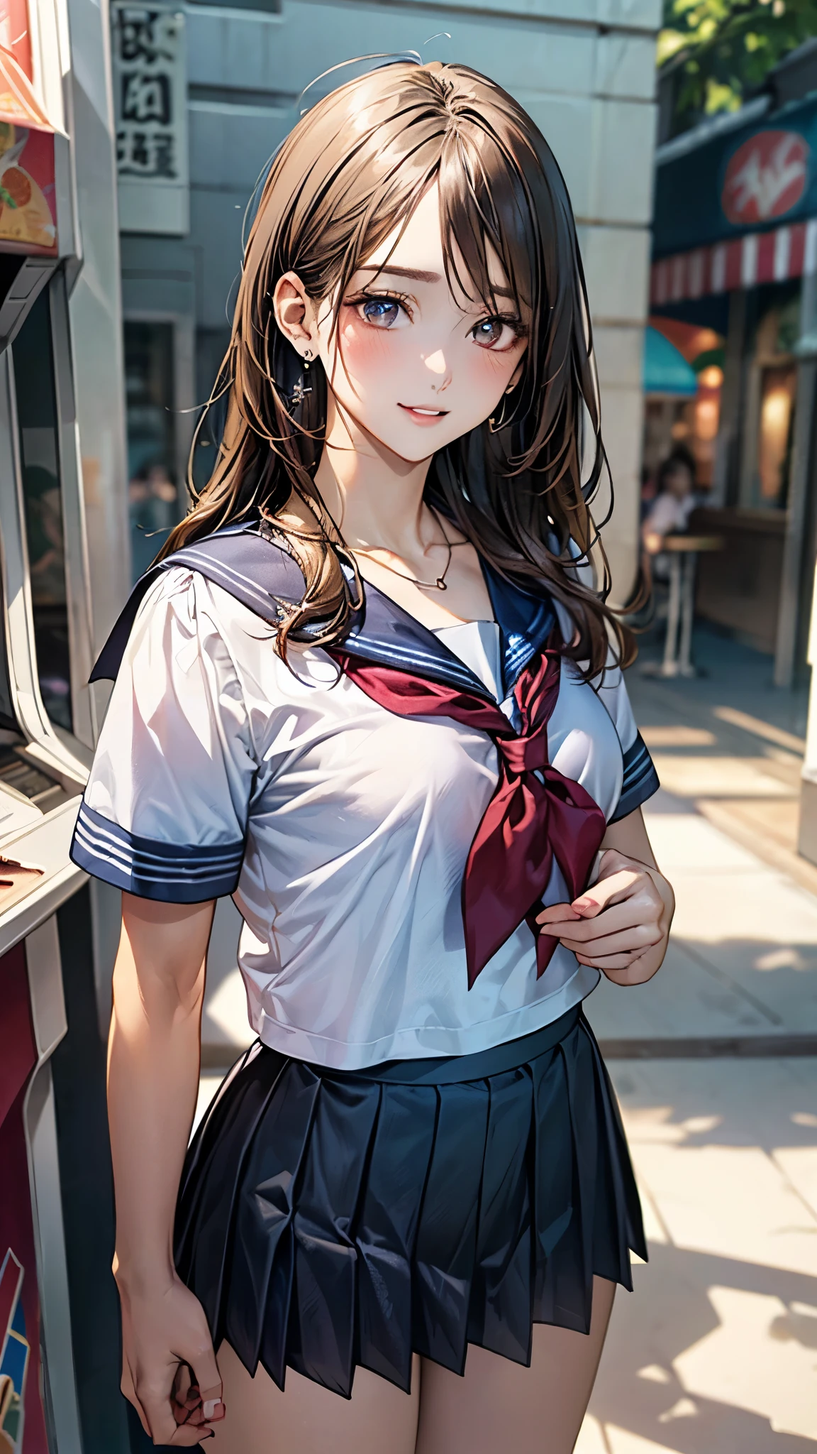 (masterpiece:1.2, top-quality), (realistic, photorealistic:1.4), beautiful illustration, (natural side lighting, movie lighting), nsfw, 
beautiful detailed hair, beautiful detailed face, beautiful detailed eyes, beautiful clavicle, beautiful body, beautiful chest, beautiful thigh, beautiful legs, beautiful hands, 
looking at viewer, 1 girl, japanese, high school girl, perfect face, cute and symmetrical face, shiny skin, 
(long hair, straight hair, brown hair), forehead, gray eyes, slant eyes, big eyes, long eye lasher, (medium breasts), (small ass, thin thighs), slender, outstanding style, 
((detailed cloth texture, serafuku, short sleeves, pleated skirt, sailor collar, scarf), finest underwear), earrings, necklace, 
(beautiful scenery), evening, summer, (amusement arcade), standing ((holding a teddy bear)), (seductive smile, upper eyes, parted lips),