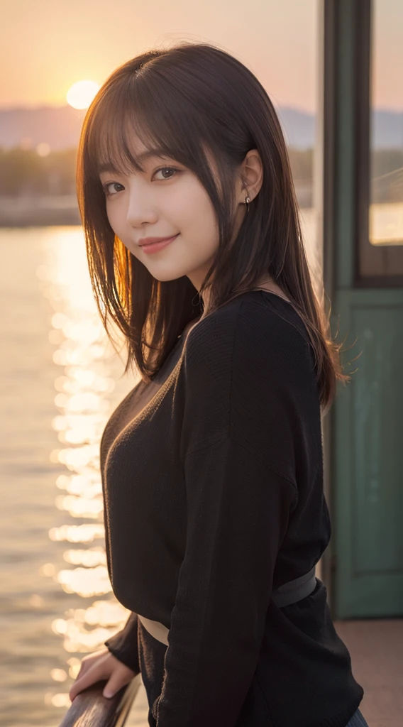 (masterpiece:1.2),(Highest quality),(Very detailed:1.2),(High resolution),(Photorealistic Stick),(RAW Photos),8K,Soft Edge,Close-up of a woman in a black sweater,Soft portrait shots,Beautiful Japanese Women,Gorgeous face portrait,Eye light,Girl of the person himself,Very beautiful face,Beautiful portrait,A lovely and delicate face,Beautiful young Japanese woman,Mature hairstyle,Looking into the distance(Sunset in the background),(((Blur the background))),(Gentle light:1.5),(Front view),(smile)
