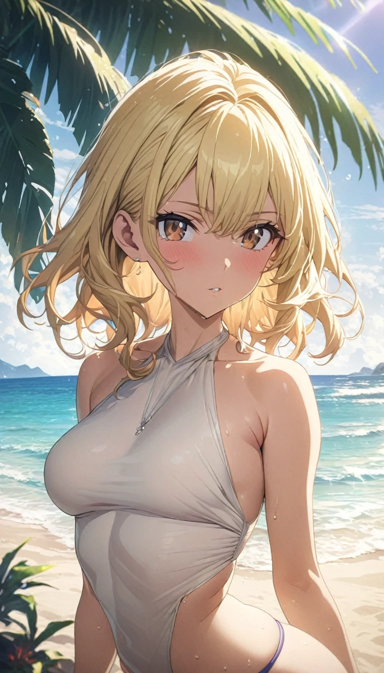 masterpiece, rich colors, Best quality, detailed, high resolution, Hyper quality, high detail, , high quality, detailing, skinny sexy girl on the beach , bright lighting , Brown eyes, Anime, palm trees, bright lighting, blonde,