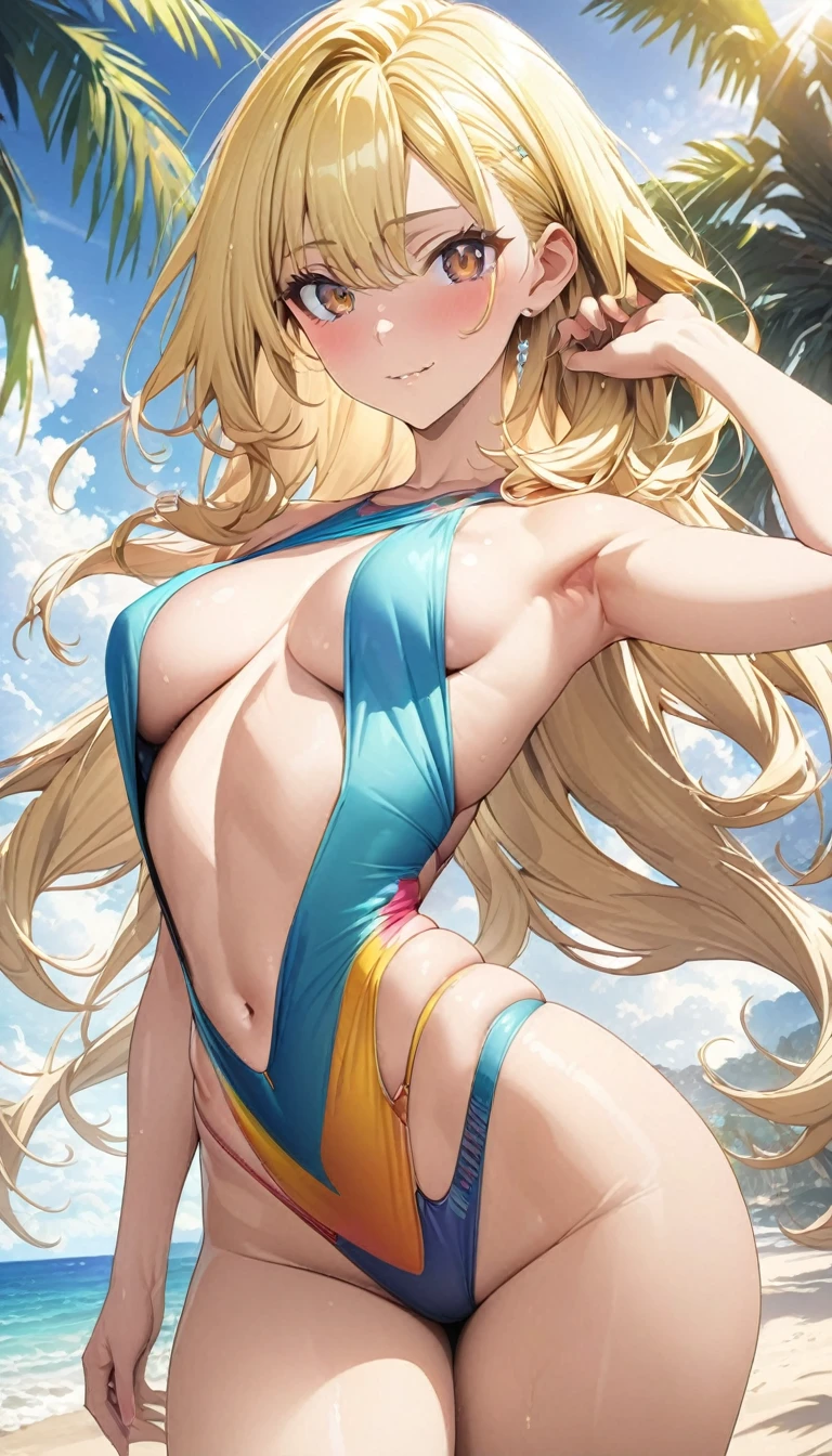 masterpiece, rich colors, Best quality, detailed, high resolution, Hyper quality, high detail, , high quality, detailing, skinny sexy girl on the beach , bright lighting , Brown eyes, Anime, palm trees, bright lighting, blonde,