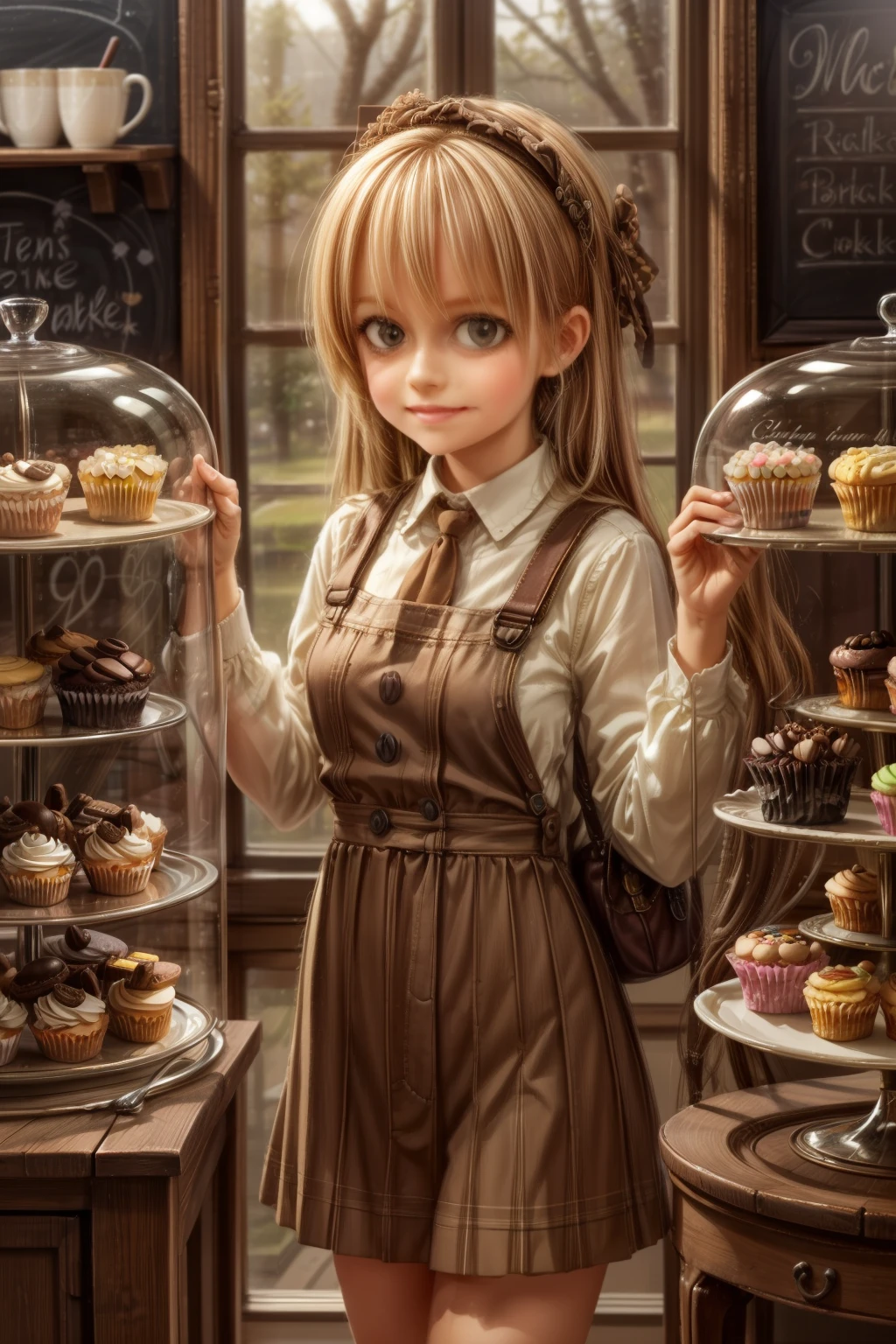 masterpiece, highly detailed, (chibi:1.3), , (1girl), blonde hair, pastel colors, cozy atmosphere, dessert display case, macarons, cupcakes, tarts, cakes, coffee machine, chalkboard menu, natural lighting, glass jars filled with candy, frosted window panes, decorative plates, whimsical decor, 
