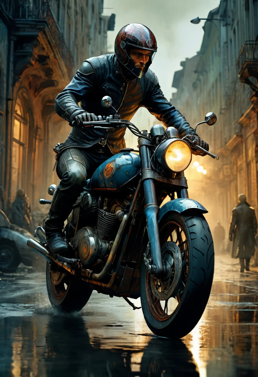 Motorcycle, rider, full body, by Jarek Kubicki and Anton Pieck, comic style, dramatic composition, cinematic dynamic action scene, vibrant colors, cinematic lighting, dramatic lighting, best quality, masterpiece, very aesthetic, perfect composition, intricate details, ultra-detailed