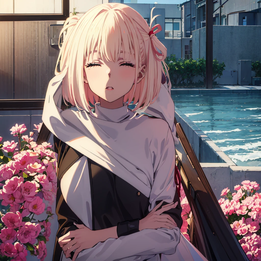 chisato nishikigi, short hair, bangs, blonde hair, hair ribbon, one side up, bob cut, best quality, (8k), (4k),(Masterpiece), (Best Quality), extremely detailed, intricate, hyper detailed, (perfect face), illustration, perfect_eyes, (1girl), bishoujo, (portrait), indoors, (pov:1.2), student, (school ,courtyard,outside,night):1.3,(black latex sailor dress), (standing),leaning forward,(kiss,kissing viewer):1.3,blush,closed eyes, looking at viewer,upper body focus,