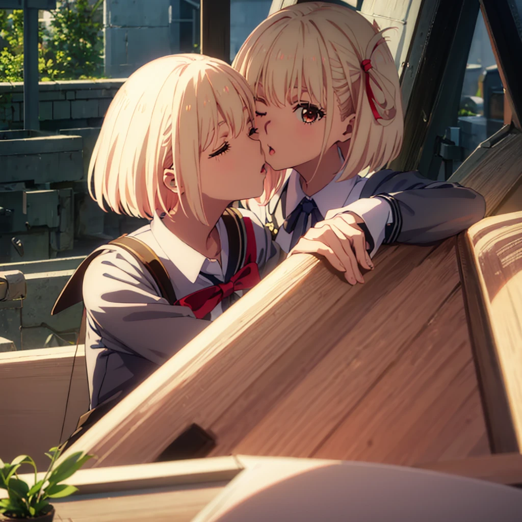 chisato nishikigi, short hair, bangs, blonde hair, hair ribbon, one side up, bob cut, best quality, (8k), (4k),(Masterpiece), (Best Quality), extremely detailed, intricate, hyper detailed, (perfect face), illustration, perfect_eyes, (1girl), bishoujo, (portrait), indoors, (pov:1.2), student, (school ,courtyard,outside,night):1.3,(black latex sailor dress), (standing),leaning forward,(kiss,kissing viewer):1.3,blush,closed eyes, looking at viewer,upper body focus,