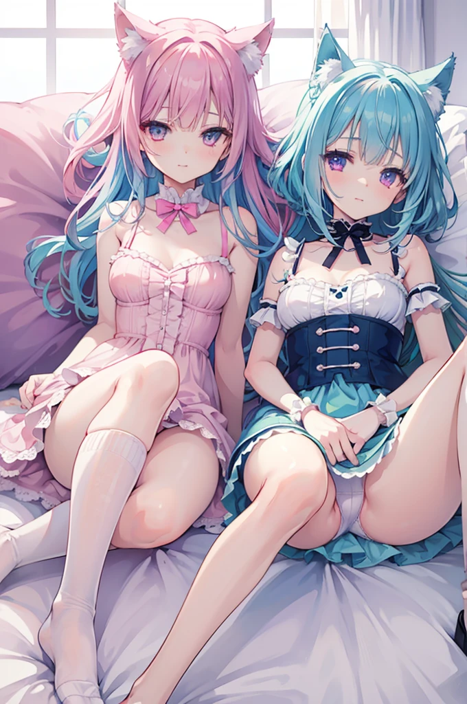 Browsing Caution,Two Girls,Lying down,((Raise both legs)),panties,Have sex,Light blue hair,Light pink hairstyles，Cat ear，Pink Eyes，light blue ta，White socks，,Pink ribbon,Laughing with your mouth open,Best image quality,Highest quality