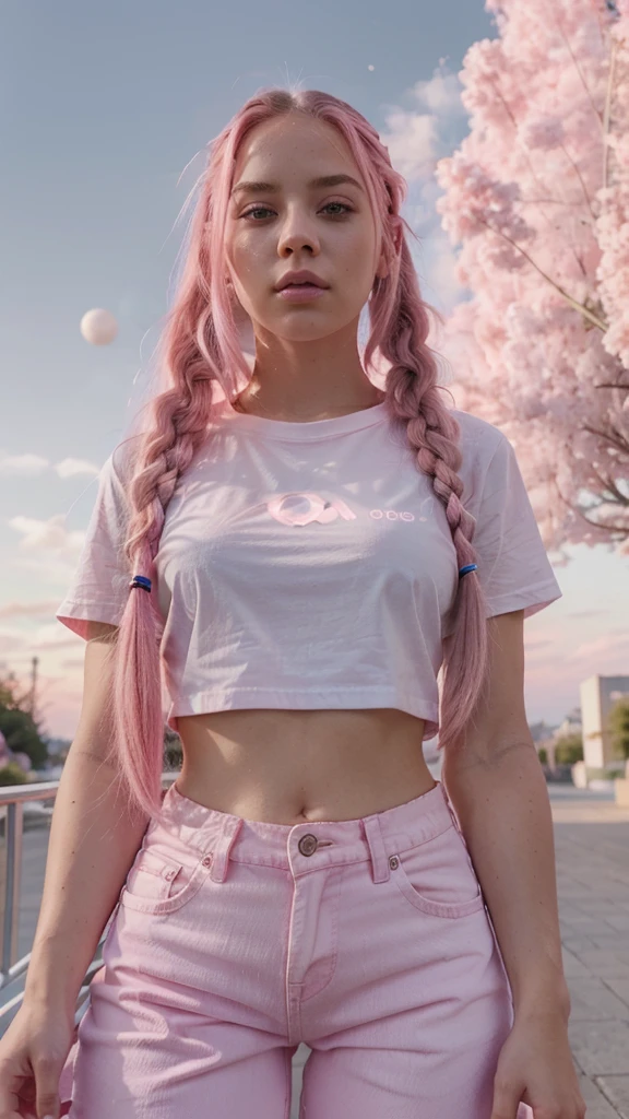 Young woman, pink eyes, long braided pink hair, pink, lots of pink, white cropped t-shirt, pink jeans, bubble gum, cotton candy, pink sky, pink moon, all is pink, beautifully lit, stunning environment, insanely detailed