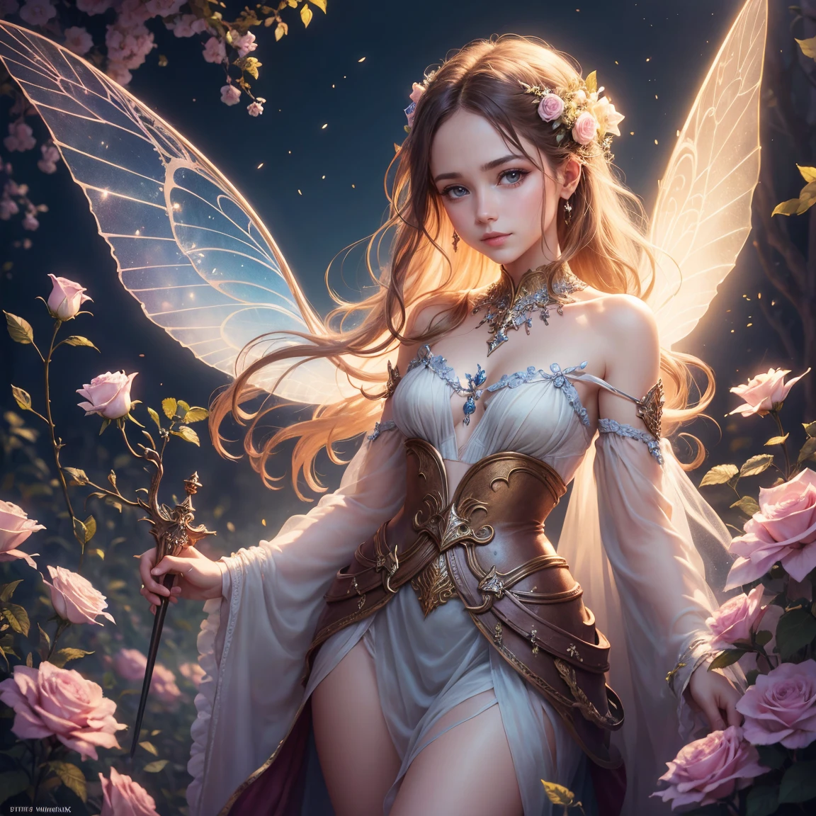 Beautiful transparent flower fairy baby, Transparent colorful wings, The wand flutters in the wind、The wand flashed with starlight,Golden wand,Beautiful blue sky and white clouds、Girls have transparent wings、kindly smile、Beautiful garden background、Gentle and transparent,anatomy correct, Delicate pattern,Pink rose space, Soft lighting, ( Bokeh),Masterpiece, Super detailed, Epic composition, Highest quality, 8K,Epic romantic fantasy digital art,Epic fairy tale fantasy digital art,Mythological fantasy,UHD resolution,Detailed detail drawing,realisticlying,Very realistic,cinmatic lighting,an award winning photograph,rich colours,hyper realistic lifelike texture,dramatic lighting