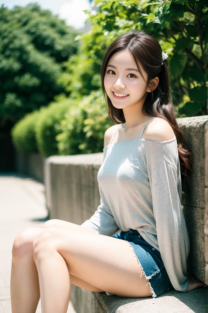 Pure Japanese girl, natural body, beautiful legs, trendy loose casual fashion, natural hair styles, pure smile, refreshing in early summer sunlight, feeling soft breeze in hair, sitting and relaxing, professional portrait photography, film photography, 35mm negative film,
