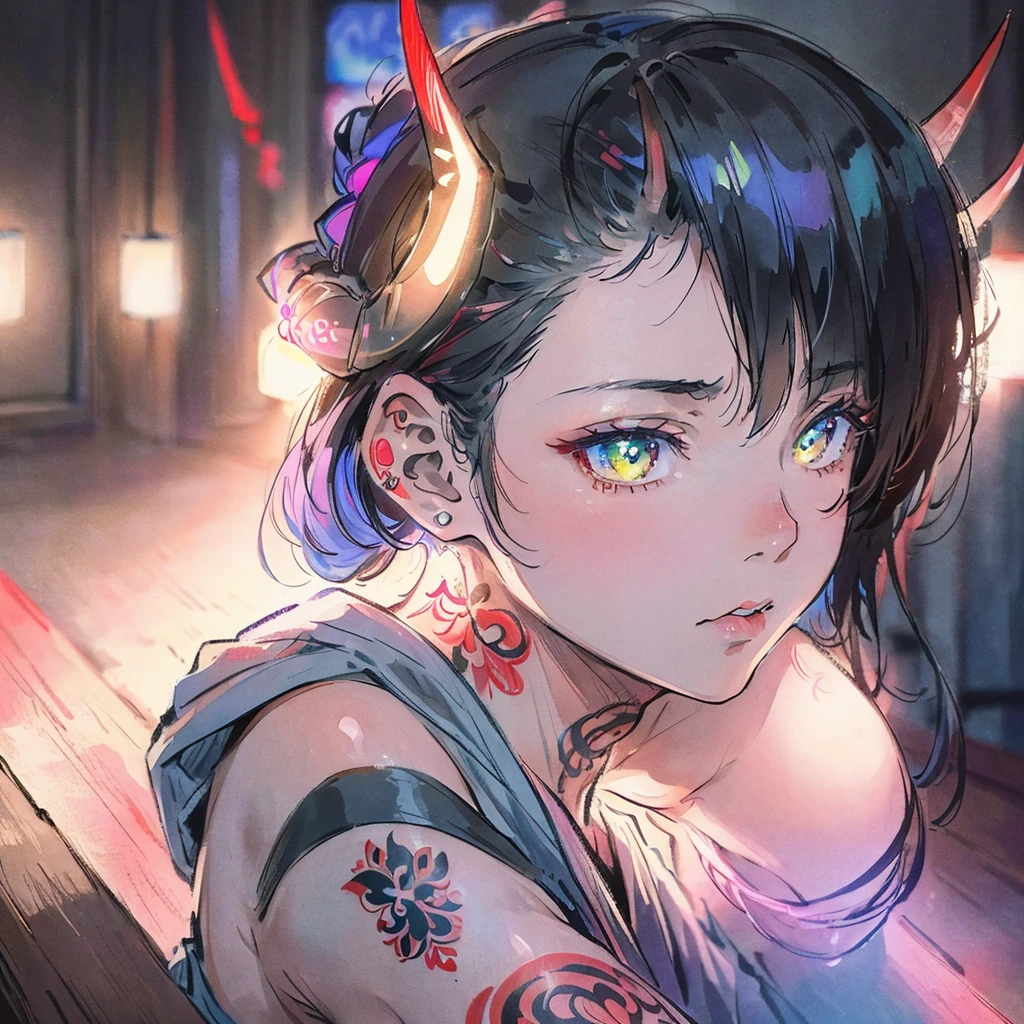 Best quality, masterpiece, A young yakuza girl with small horns with a tattooed face, tattooed shoulders and tattooed arms is sitting in profile in neon light room