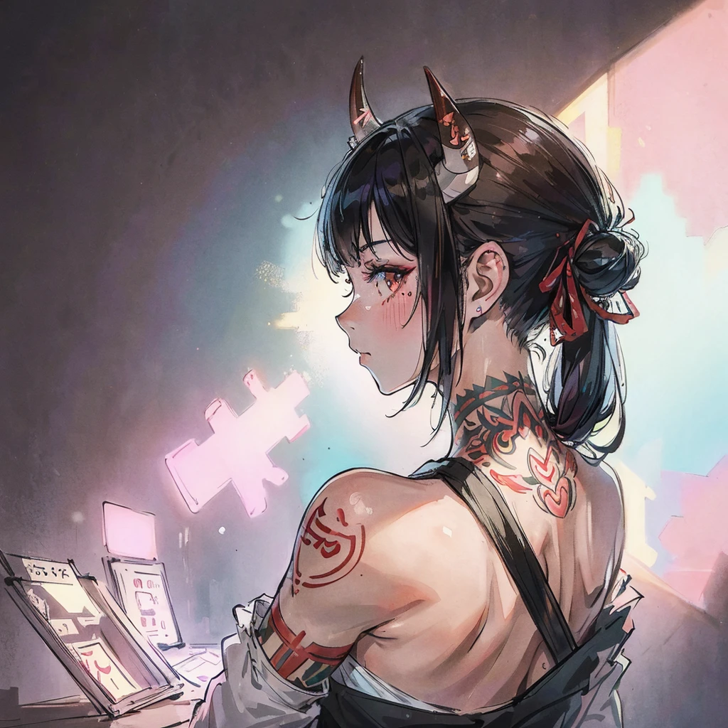 Best quality, masterpiece, A young yakuza girl with small horns with a tattooed face, tattooed shoulders and tattooed arms is sitting in profile in neon light room