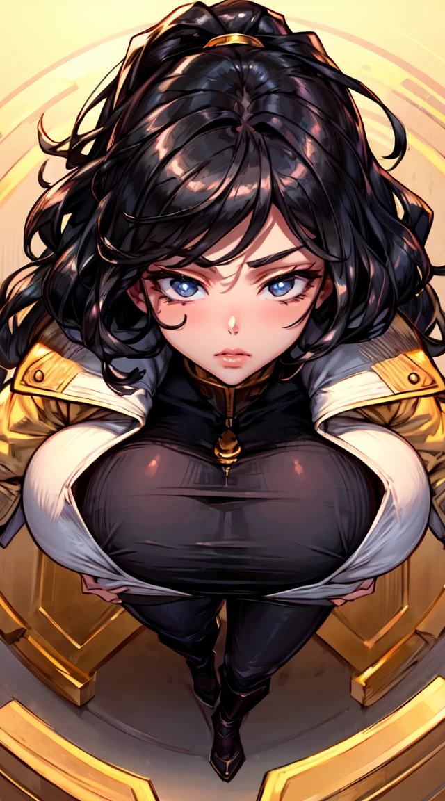 (best quality:1.5, highres, UHD, 4K, detailed lighting, shaders), beautiful girl from genshi impact, black wavy hair, large breasts , woman gold jacket, long gold coat, (pov), full body, white background