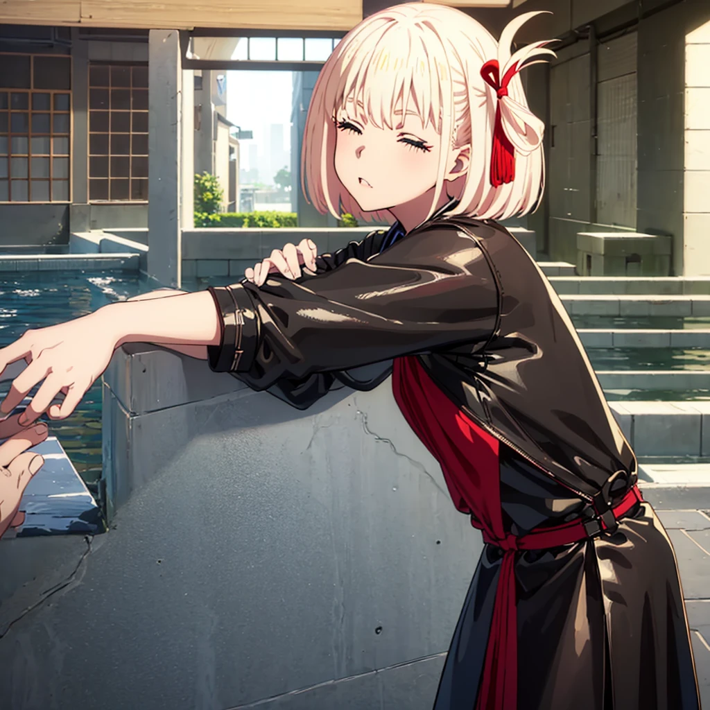 chisato nishikigi, short hair, bangs, blonde hair, hair ribbon, one side up, bob cut, best quality, (8k), (4k),(Masterpiece), (Best Quality), extremely detailed, intricate, hyper detailed, (perfect face), illustration, perfect_eyes, (1girl), bishoujo, (portrait), indoors, (pov:1.2), student, (school ,courtyard,outside,night):1.3,(black latex sailor dress), (standing),leaning forward,(kiss,kissing viewer):1.3,blush,closed eyes, looking at viewer,upper body focus, 