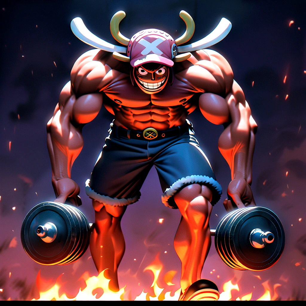 1 male, chopper, one piece, smiling, body on fire, Facial features hands and feet are carefully depicted, very muscular, lifting dumb bells, dark background, 8k, best quality
