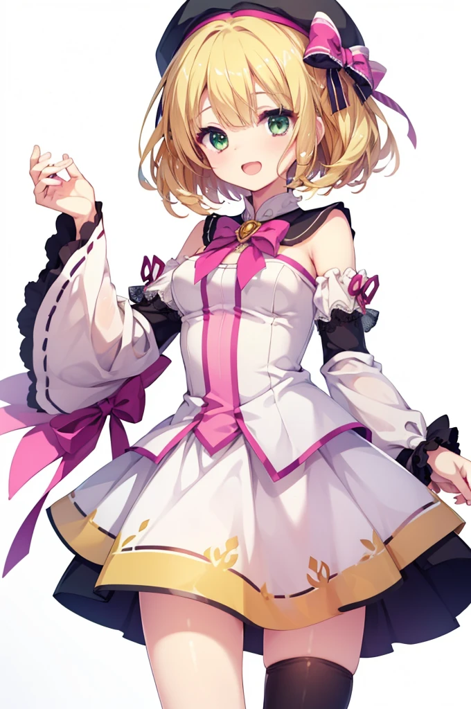 Small breasts,blonde,Hair above one eye,Green Eyes,Laughing with your mouth open,tights, ((Pink magical girl costume)),Removable sleeves,beret,ribbon,(White background,Simple Background,masterpiece,Best image quality,Highest quality) Browsing Caution