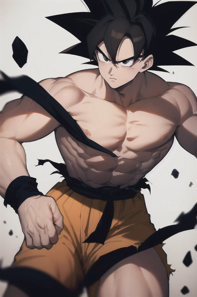 son goku, 1boy, closed mouth, male focus, muscular, muscular male, rock, sash, serious, solo, spiked hair, topless male, torn clothes, ultra instinct, black eyes, black hair, ((masterpiece))