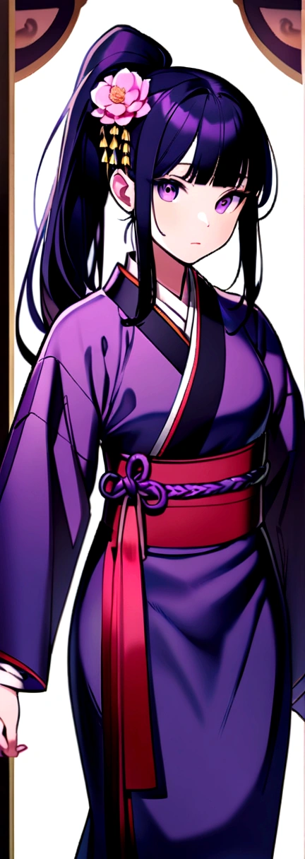 32k, 1girl, solo, long hair, looking at viewer, bangs, hair ornament, long sleeves, closed mouth, standing, ponytail, flower, korean clothes, hair flower, wide sleeves, hanbok, sash, depth of field, （korean style background）, obi, antenna hair, high ponytail, pink flower, purple flower, purple kimono, zouri,