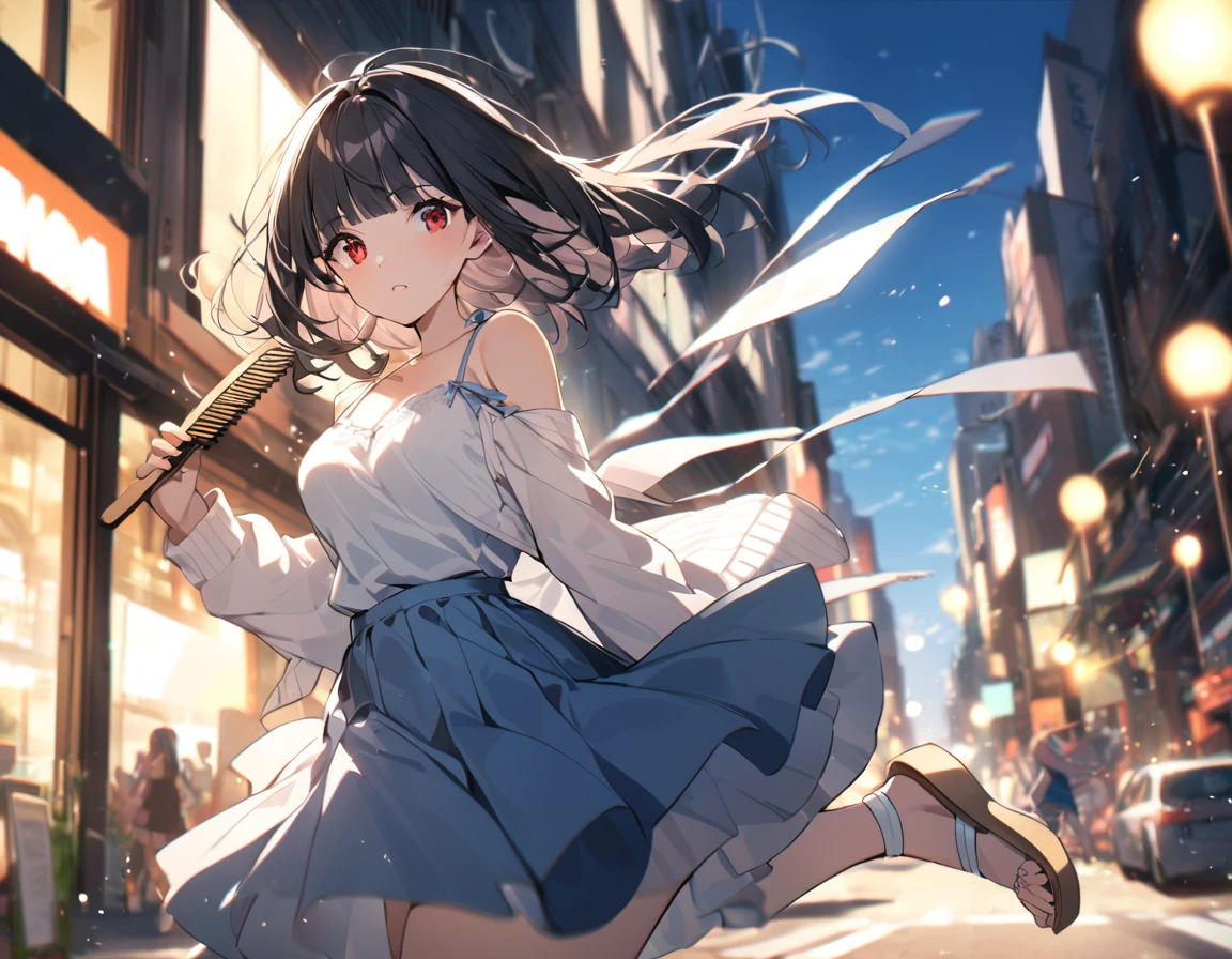 1girl,solo,blunt-bangs,19 years old,short-hair,large_breasts,black-hair,red-eyes, white_cardigan over light-pink_camisole,light-blue_flared-skirt,white_ankle strap sandals, comb her hair,wind, motion-blur,street,building,bokeh,blue_sky, in focus with blurred background,upper_body,
