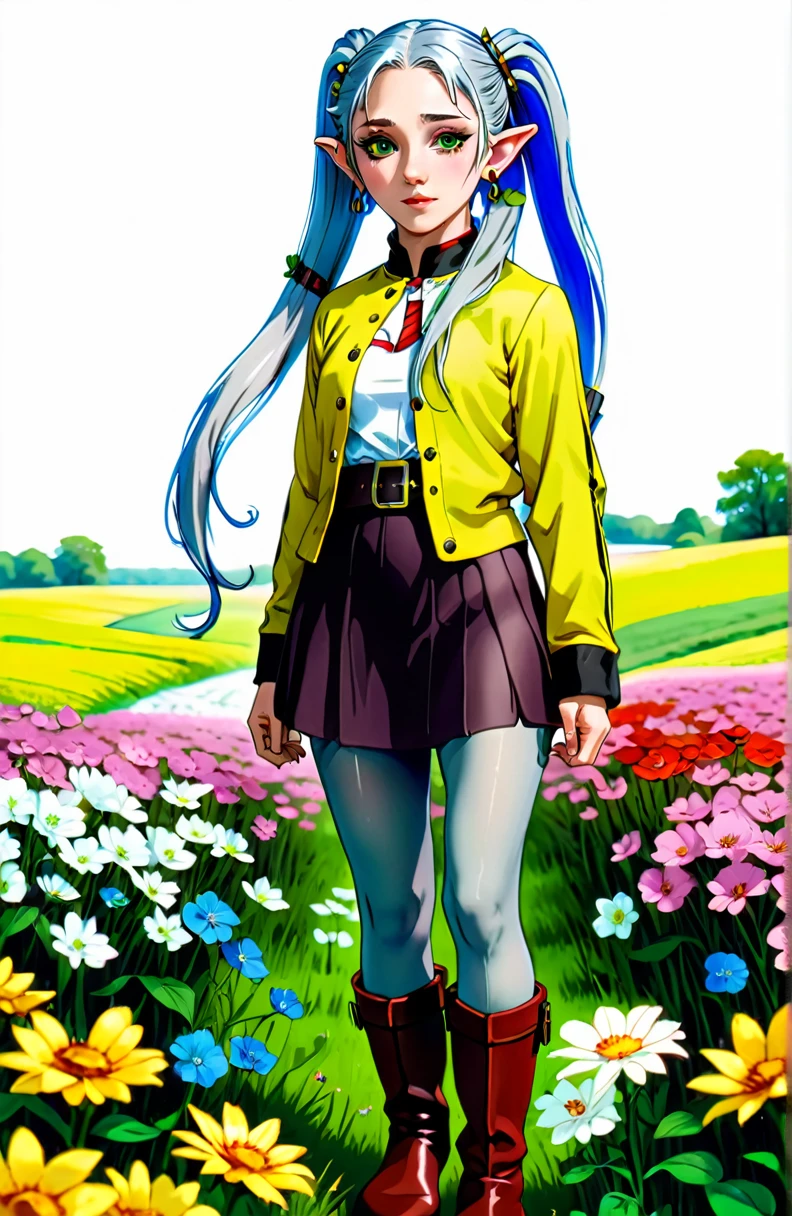 incredible quality, ultra detaild, work of art, movie poster.
1 adult woman, freeze, elf ears, gray hair, cabelo twintails, greeneyes, make-up, black mascara, ombre, Red Earrings, White jacket with dark yellow details, striped shirt, black belt, belt buckle, white skirt with dark yellow details to the knee, black pantyhose, brown boots, in a green field with flowers, extremely detaild, 