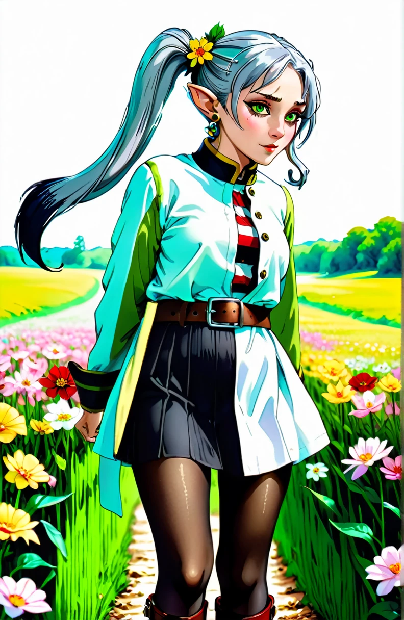 incredible quality, ultra detaild, work of art, movie poster.
1 adult woman, freeze, elf ears, gray hair, cabelo twintails, greeneyes, make-up, black mascara, ombre, Red Earrings, White jacket with dark yellow details, striped shirt, black belt, belt buckle, white skirt with dark yellow details to the knee, black pantyhose, brown boots, in a green field with flowers, extremely detaild, 